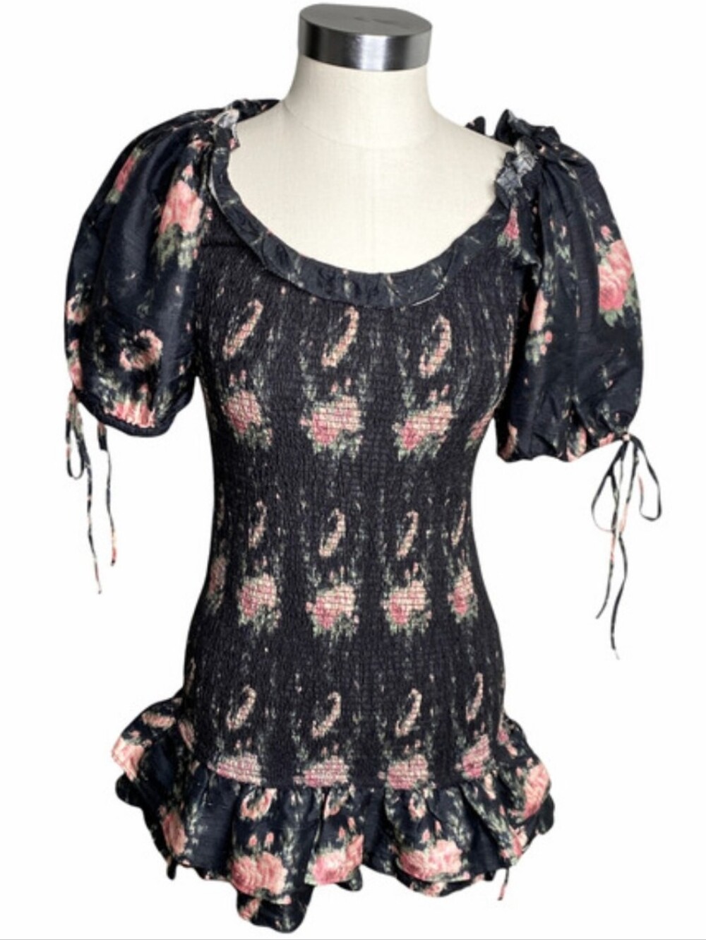 LoveShackFancy Women's Black Floral Smocked 100% Silk Boho Mini Dress Sz L - Picture 5 of 13